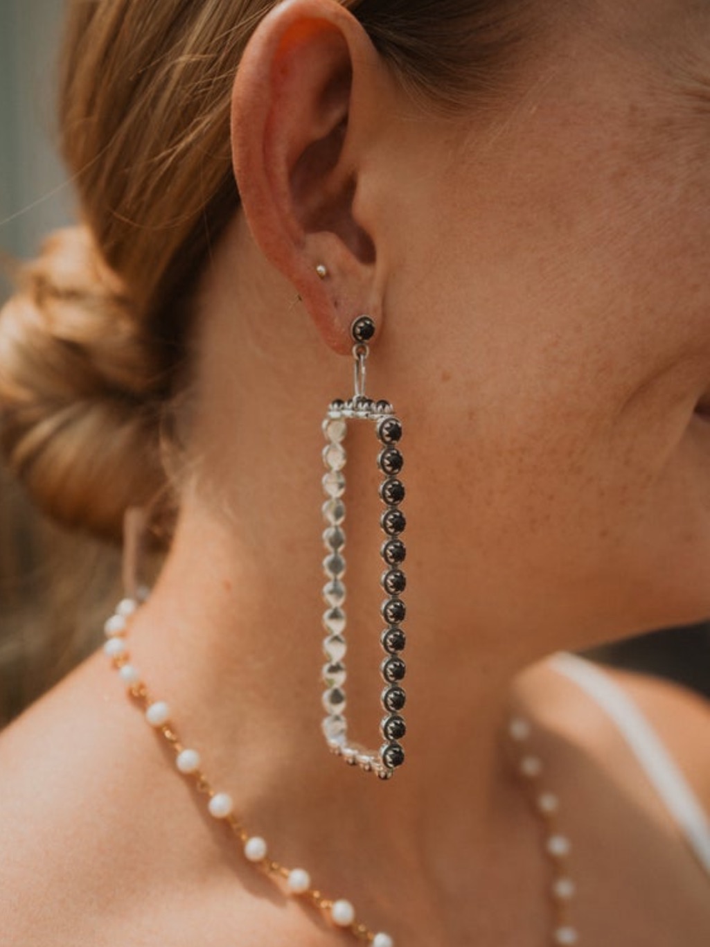 Silver Two-Tone Beaded Rectangular Drop Earrings